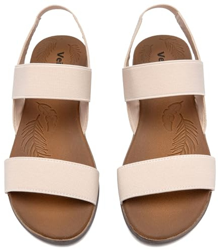 Veittes Sandales plates pour femme, sandales plates d'été confortables avec bride élastique à la cheville et double bande