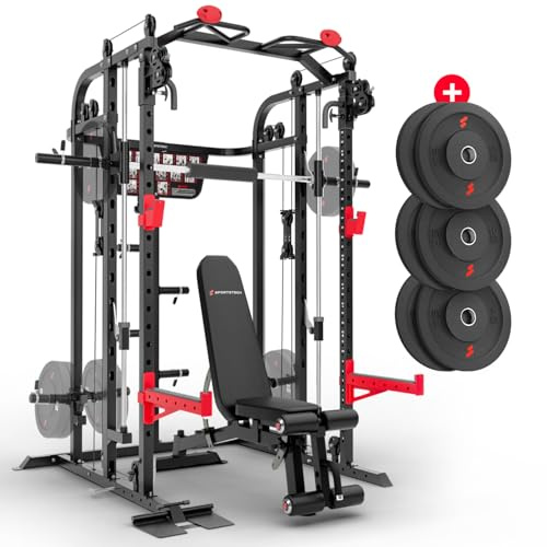 Sportstech SXM150 Smith Machine für Zuhause, Power Rack mit Kabelzug, Klimmzug, Langhantelstange, Bankdrücken, Multipresse, für Gewichtsscheiben, Kraftstation inkl. Griffe, Multifunktional, Home Gym