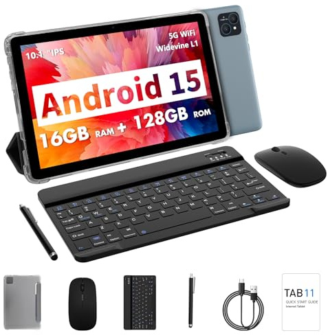 VASOUN 10 inch Tablet Android 15,Octa Core 2.0 GHz,16GB RAM+128GB ROM (TF 1TB),5G WiFi, 8000mAh, 8MP + 2MP Dual Camera,Tablet with Keyboard Mouse Case-GREY