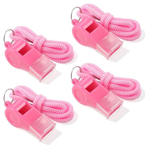 Aiyorse 4 Packs Pink Whistle, Plastic Coach Whistles with Lanyard