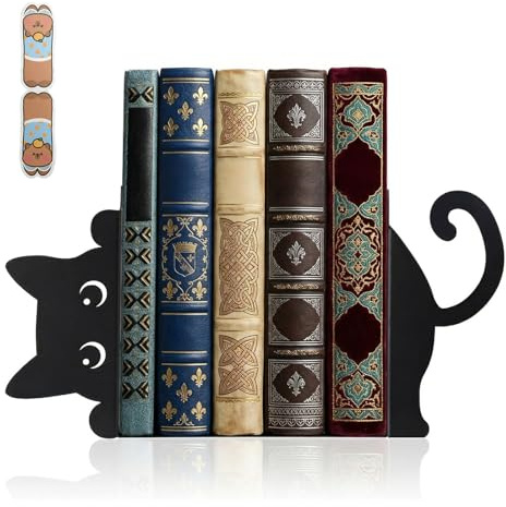 TLDBATICE Serre-Livres en métal en Forme de Chat (Lot de 2), Serre-Livres décoratifs étagères avec Marque-Page magnétique, Cadeau pour Les Amoureux des Chats et Les passionnés de Lecture (Noir)