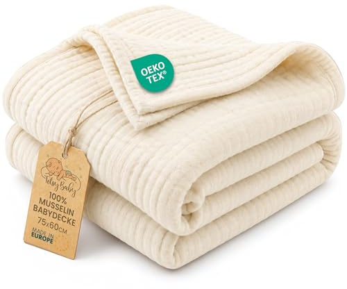 Babyfilt sommar tunn muslinfilt 75 x 60 cm - lätt andningsbar filt bomull barnvagn vagn – solskydd nyfödd baby spädbarn mjuk resefilt babylift flicka pojke present Oeko-Tex Ljustbeige