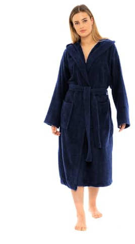CICK – Peignoir en éponge de qualité supérieure pour femmes, hautement absorbant 100 % coton, design à capuche, parfait pour les hommes et les femmes en vêtements de détente et cadeaux, bleu marine