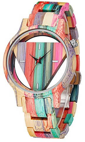 Tiong Wooden Watches for Men Handmade Colorful Bamboo Engraved Wood Watch Analog Quartz Men's Wooden Watch