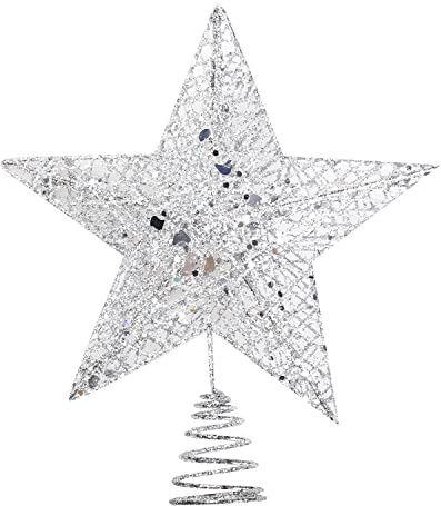 Jomnvo Silver Metal Christmas Tree Topper Glittered Christmas Treetop Hallow Wire Star Topper for Christmas Party Home Decoration, 8 Inch