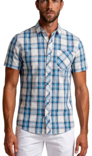 Xact Men's Short Sleeve Check Shirt – Classic Fit, 100% Breathable Cotton, Smart Casual Summer Shirt for Work, Office, Travel or Everyday Wear