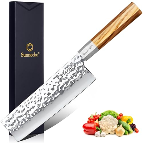 Sunnecko Couteau Cuisine Nakiri Japonais Martelé, Couteau de Cuisine Professionnel Légume 18 cm en Acier à Haute Teneur en Carbone, Manche en Bois d'olivier