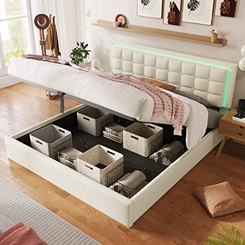 FEZTOY LED Bett 160x200 cm, Polsterbett mit Stauraum, Stauraumbett mit Hydraulisch, Doppelbett Bettgestell mit Lattenrost & Bettkasten & Kopfteil, PU-Oberfläche, ohne Matratze, Weiß