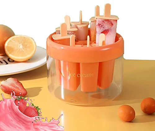 Moules à Sucettes Glacées,Popsicle Moules Réutilisable,DIY Moule Glace à l'eau,Moules à Glaces avec Batonnet,8 Cellules Moule à Crème Glacée avec Batonnet,Ice Pop Mold pour Enfant et Adulte (Orange)