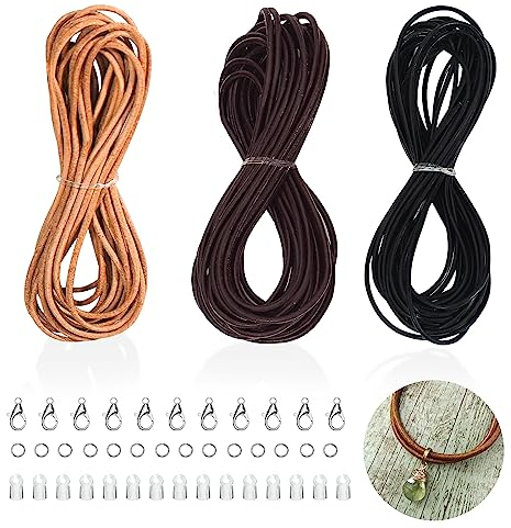 FINEASY 3 Stück 5M x 2mm Lederband Kette, Lederband mit 100pcs Schnurenden, Lederschnur Lederriemen Bänder Zum Basteln für DIY Handwerk Armbänder Schmuck Halskette