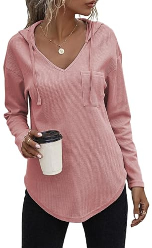 Cuptacc V-ringad långärmad höst vinter topp blus chic och elegant, Djup rosa, S