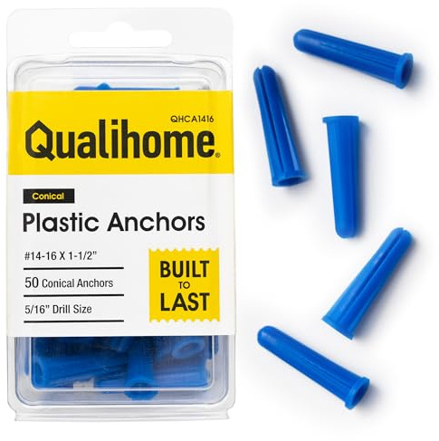 Qualihome Plastic Wall Conical Anchors – 1-1/2 Inch [50 Pack] | for Use in Concrete, Brick, Masonry, Hollow Walls, and Drywall – Expansion Anchors for Versatile Mounting
