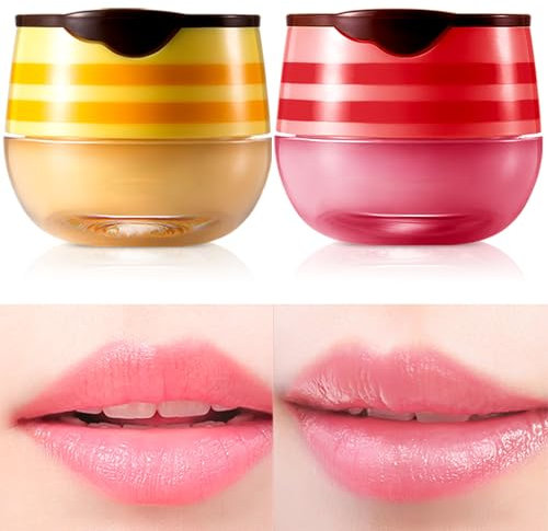 Incisite 2 Pcs Balm Lip Mask, Honey Strawberry Lip Balm Lip Care, Moisturizing Lip Sleeping Mask for Day And Night, Honey Pot Lip Balm for Dry Cracked Chapped Lips Exfoliator