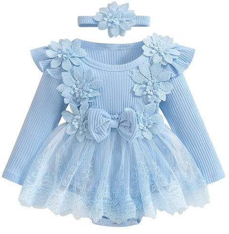 IBAKOM B?b? Fille ? Manches Longues C?tel? Tricot? Robe Pantalons B?b? Dentelle Tutu Robe Florale et Bandeau Ensemble de V?tements G?teau Cass? Mariage F?te d'anniversaire Costume Bleu 12-18M