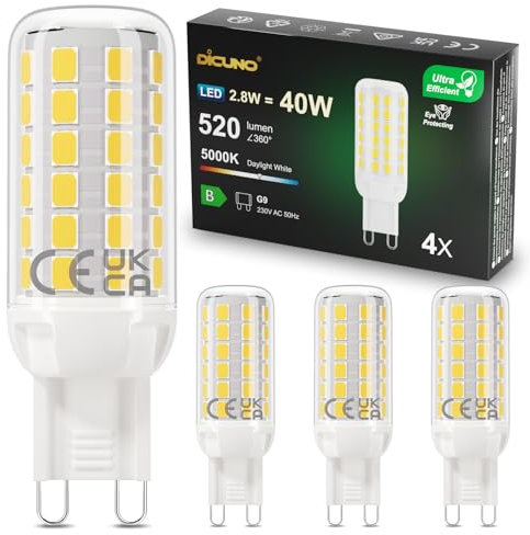 DiCUNO Ampoule LED G9 2.8W, Efficacité Energétique Classe B, équivalent 40W Halogène, 520lm, Blanc froid 5000K, Économie d'énergie, Non-dimmable, pour chambre, salon et cuisine, 4 Pièces