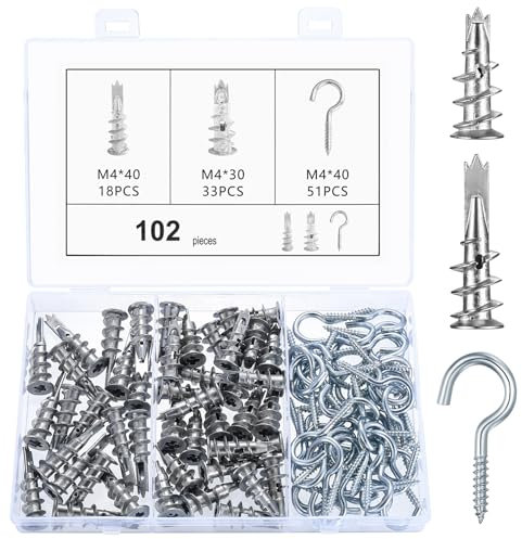 102 Hohlraumdübel Metalldübel: 51 STK M4 Rigipsdübel & 51 Schraubhaken mit Gewinde, Selbstbohrender Gipskartondübel, Einschraubhaken, Trockenbaudübel, Hakenschrauben für Rigipswände Beton