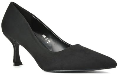 Women's Classic Pointed Toe Court Shoes Ladies Slip On Black Faux Suede Stiletto Office Evening Formal Mid Heel Pumps 6