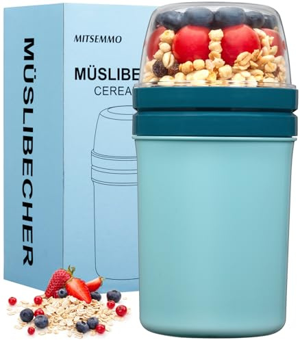 Mitsemmo Bol muesli a emporter avec cuillère,600 ml + 270 ml Gobelets à Céréales,Pot de yaourt en plastique,Pot petit dejeuner porridge Salade Bols avoine overnight oats jar (Bleu Ciel)