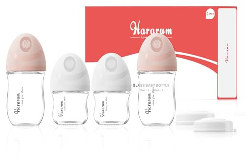 Natural Glass Baby Bottle, Newborn Anti-Colic Baby Bottle Set with Extra Slow Flow (SS) & Slow Flow Teat (S), 80 ml and 160 ml, 0m+, Wide Neck, 4 Pack - White & Pink