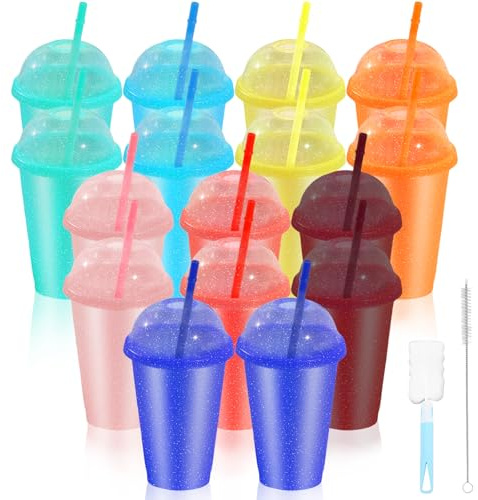 CoKeeSun Tasse à Boissons Froides avec Paille & Couvercle 16 Pièces, 16oz/475ml Tasse de Voyage Gobelets, Réutilisable Plastique Smoothie Mug pour Enfants Adultes Plage Fête (8 Couleurs)
