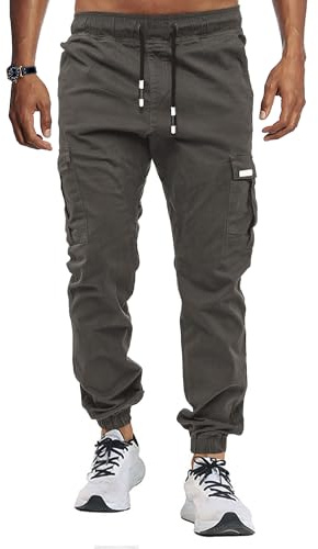 KUNJLELP Mens Cargo Joggers Multi-Pocket Design Cotton Work Trousers for Casual Outdoor Hiking UK,Grey 04,L