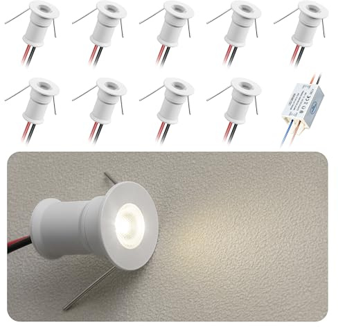 HHTUN 902 30°LED mini-spotlight, DC12V 1W, 80Ra, 75lm, liten storlek, inbyggd installation, lämplig för skåpbelysning som vinskåp, skoskåp etc., med strömförsörjning(6000K,White,9Pack)