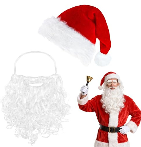 2Pcs Kit d'accessoires de Père Noël avec chapeau de décoration de Santa Claus, Santa Barbe Décorations de Noël Fournitures de fête pour Noël Halloween Costume de fantaisie