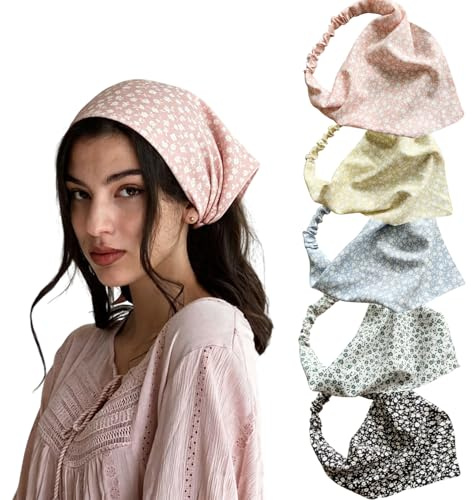 DYSWTUE 5 PCS Bandana Headband, Floral Bandanas Headband, Adjustable Elastic Chiffon Hair Scarf, Boho Casual Style, Triangle Design, Breathable Fabric, for Women Hair Accessory