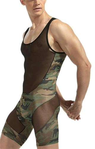 Livingly Light Men's Camouflage Tank top One Piece Wrestling Singlet Bodysuit Leotard Underwear, XXL