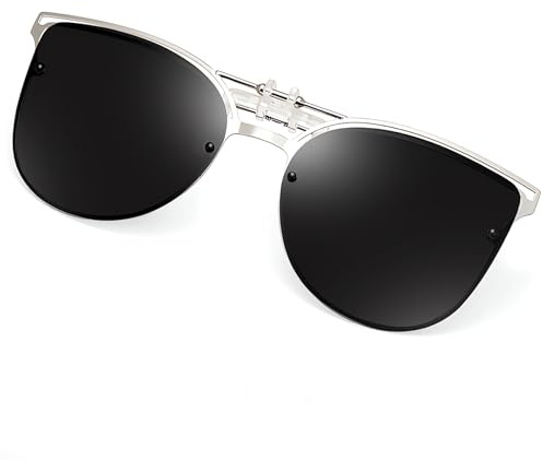 FRAZALA Polarized Clip-on Sunglasses Anti-Glare UV 400 Protection Cateye Sun Glasses Clip on Prescription Glasses for Men and Women (Cateye-Black)