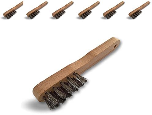 Brosse métallique à bougie | Lot de 6 | Garnissage inox 16 trous fil ondulé | Manche ergonomique bois | Nettoyage d'électrodes et de contacts de bougies d'allumage | Kibros 7507Bx6