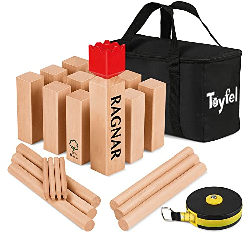 Toyfel Schwedenschach XXL – Kubb Spiel aus Massivholz Geschicklichkeitsspiel - Outdoor Spiel mit praktischer Tragetasche & Bandmaß Wurf Schach FSC-Zertifiziertes Holzspiel Garten – Ragnar