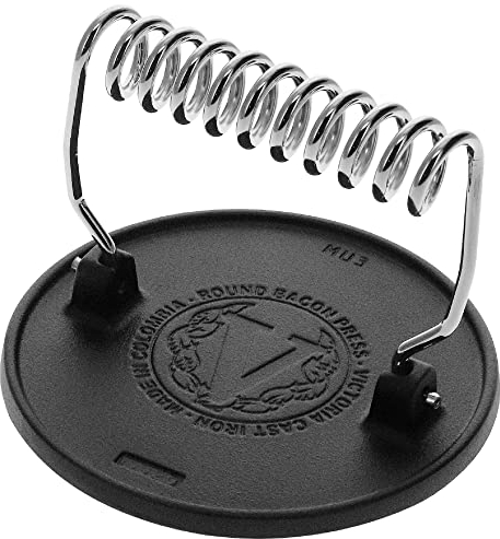 VICTORIA Prensa Hamburguesas Smash Burger Hierro Fundido Curado 16,5cm Aplastador de Carne para Barbacoa Profesional, Mango Resistente al Calor, Curada para Antiadherente Libre de PTFE
