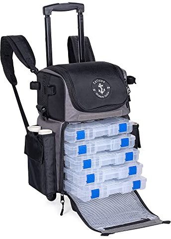 'Recon' Rolling Fishing Backpack, Tackle Box Storage Bag - Non-Corrosive Fishing Tackle Bag with (5X) 3650 Boxes - Fisherman Gifts for Men, Bags, Backpacks and Box Organizer