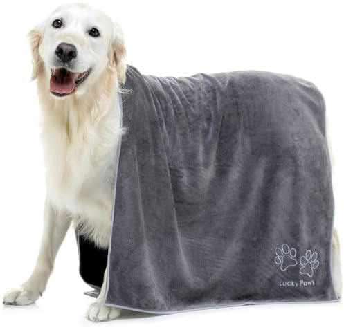 Lucky Paws® UK Dog Towel – Extra Large 140x70cm Dog Towels – Super Absorbent, Luxuriously Soft, Fast Drying Dog Towels for Drying Dogs – Premium Microfibre Dog Towel (Pack of 1, Grey Silver)