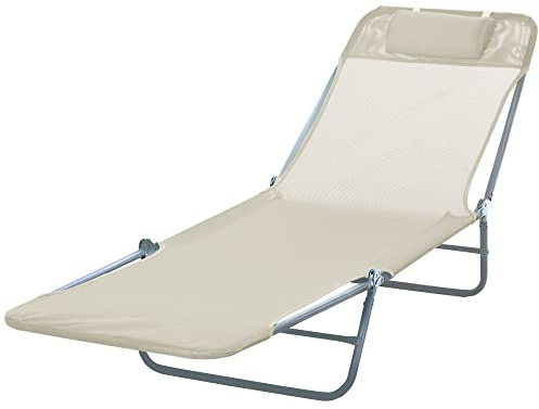 Outsunny Folding Sun Lounger for Garden, Texteline Reclining Sun Bed with 5 Position Adjustable Backrest, Headrest, Portable Garden Lounger Recliner Chair for Beach, Patio, Camp, Beige