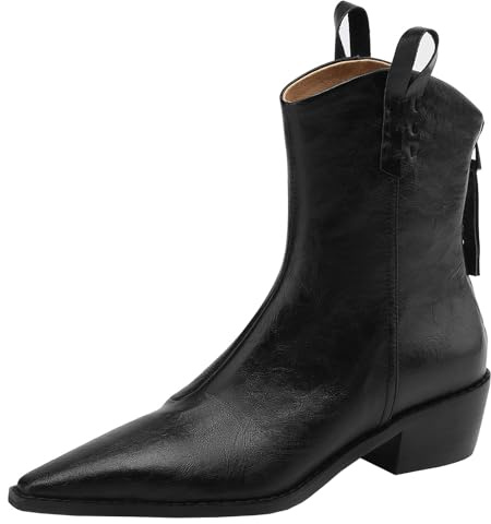 CUTEHEELS Bottines d'hiver en cuir véritable pour femme avec bout pointu et talon épais / bottes de cowboy western avec fermeture éclair à l'arrière, Noir , 40 EU