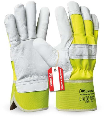 Gebol Worker Pro Thermo | Talla XL (Gr 10) | Guantes de trabajo de cuero con forro aislante del frío | Guantes de invierno resistentes al agua | Fácil de quitar y poner | para hombre | Amarillo y