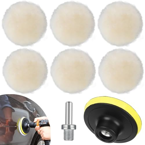 Lot de 8 tampons de polissage en laine de 7,6 cm, disque de polissage avec dos à boucles et crochets pour fixation de polisseuse de perceuse, avec adaptateur de perceuse M10 kit de polisseuse de