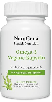 NatuGena Omega-3 vegane Kapseln, 100% vegan und fischfrei, rein pflanzliches Algenöl, 90 Kapseln (30 Tage Packung)