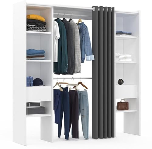 IDMarket - Ausziehbarer Doppel-Kleiderschrank Meryl 120/180 x 50 x 180 cm Weiß mit Regalen + Doppelschrank + Vorhang Grau