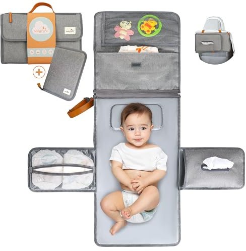 Baby Dyoli Cambiador bebé portátil e impermeable XL - Cambiador de pañales es un bolso desmontable compuesto por 6 bolsillos con dispensador (Gris)