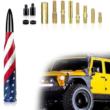 Yumfugu 1 PC Car American Flag Bullet Antenna, 5.51 x 0.78 Anti-Theft Security Antenna, Stable Signal Receiving Antenna with Threaded Mounting Accessories, for Most Car Models (Black)