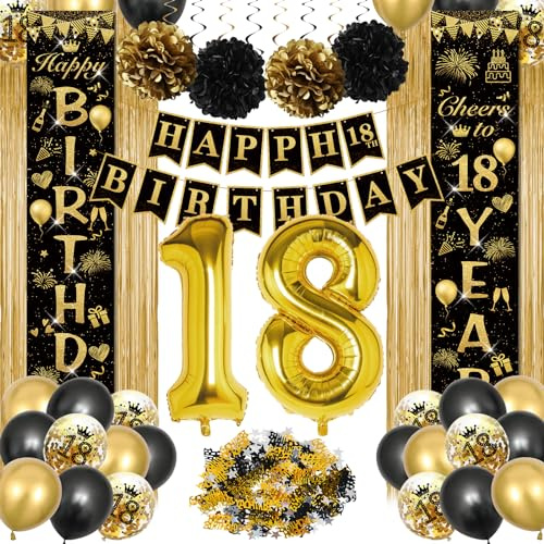 Decoration Anniversaire 18 Ans Garçon Fille, Anniversaire Décorations Ballons Noir Or, Bannière Joyeux Anniversaire, Deco Anniversaire 18 Ans, Deco Anniversaire pour Femmes Réutilisable