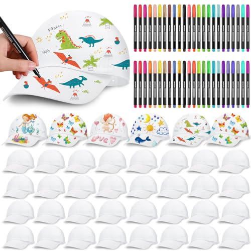 Funnysoft 32 Pieces DIY White Baseball Cap for Kids Blank, Small
