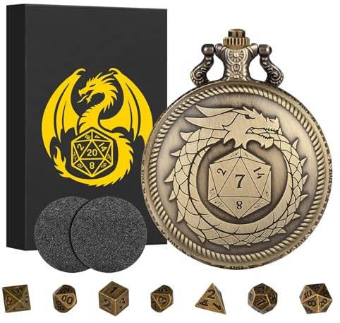 Mini Set Di Dadi DND, Custodia di Orologio da Taschino in Bronzo Con Dragone, 7 Pezzi Dadi D&D Poliedrici in Metallo, Regali per DND con Scatola Regalo, Accessori per Giochi di Ruolo, Dadi e Accessori