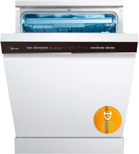 Midea Lavavajillas 60 cm+++ Blanco para 14 servicios - Lavaplatos libre instalación - Compacto con 10 Programas de Lavado integrable - Filtro Antibacterias y Programación Horaria Nuevo Modelo