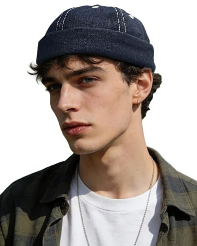 Clakllie Denim bomull dockarkeps herr broderi sjömansmössa hip hop dockningsmössa justerbar hamnmössa keps utan skärm rullad manschett fiskarhatt