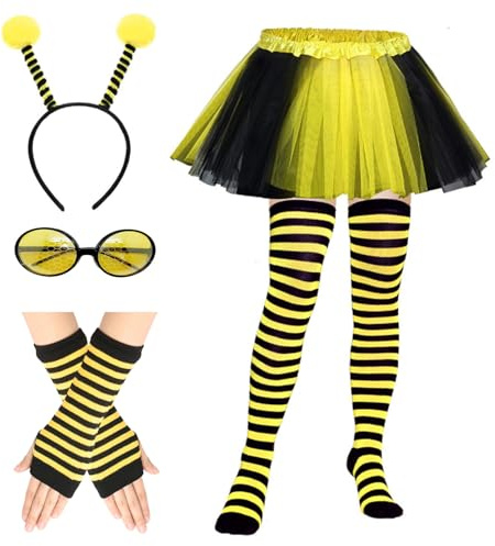 TYXHXTF 7PCS Disfraz de Abeja Mujer Con Gafas, Diadema, Pierna Mangas, Guantes Largos y Falda de Tul para Cosplay, Carnaval y Fiesta Temática