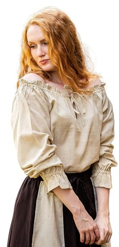 Leonardo Carbone® Blusa medieval Edith para mujer, hombros abiertos, mangas con volantes, carnaval, Halloween, cosplay, LARP, disfraz, medieval, ropa festiva, 100% algodón, Cáñamo, XL